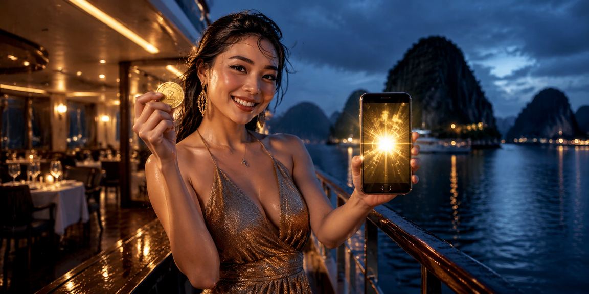 Người dùng tải ứng dụng nabh4 bên vịnh Hạ Long với cảnh thiên nhiên hùng vĩ