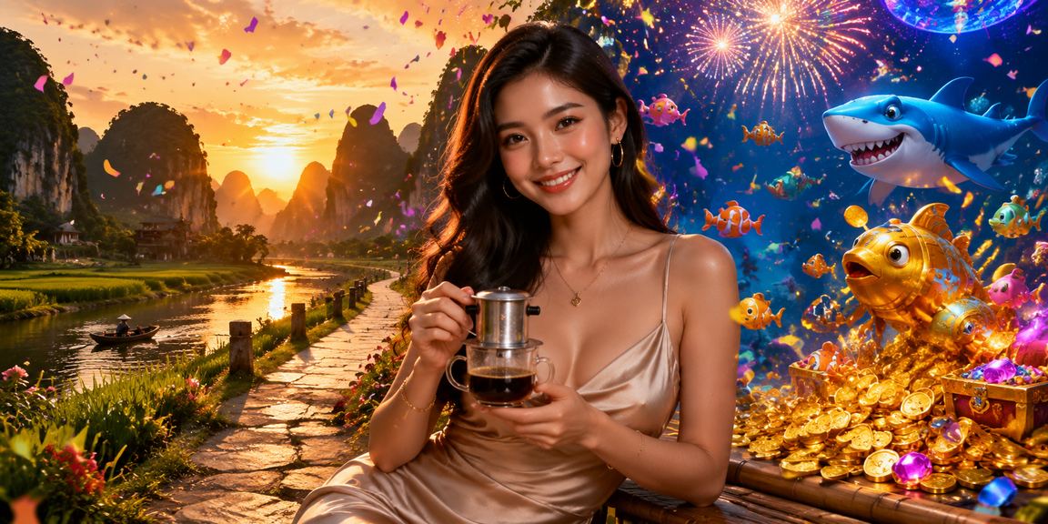 Khung cảnh Ninh Bình thanh bình với người dùng thư giãn và kiểm tra ưu đãi trên điện thoại