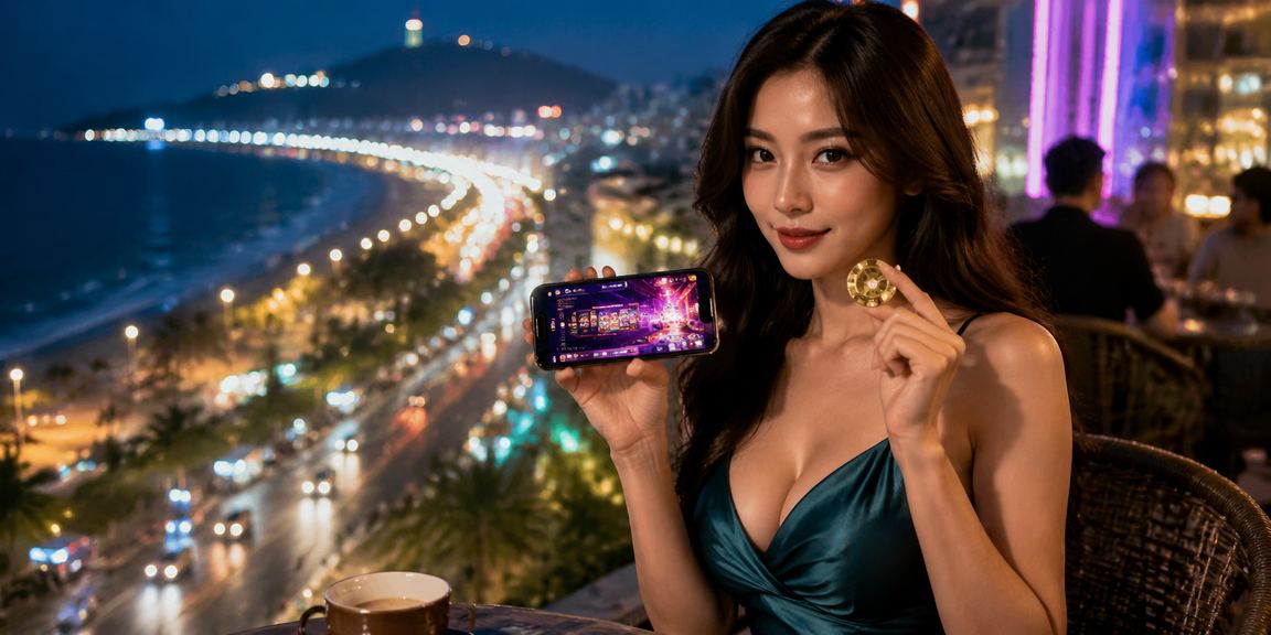 Người dùng tại Vũng Tàu uống cà phê và kiểm tra voucher casino trên điện thoại